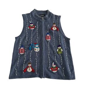 Retro Y2K Blue Snowman Knit Zip Up Sweater Vest Ugly Christmas Holiday Wmns M